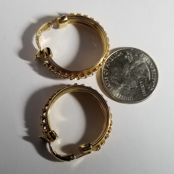 Relisted -Vintage hoop clip on earrings gold tone clear rhinestones - Picture 11 of 17